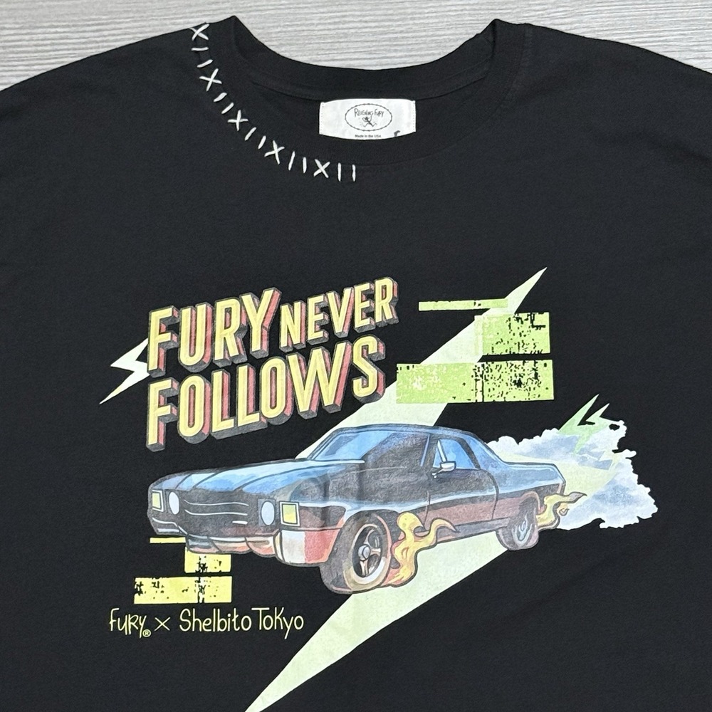 Reigning Fury x Shelbito Tokyo T-Shirt Men's XL Black Graphic Muscle Car Tee